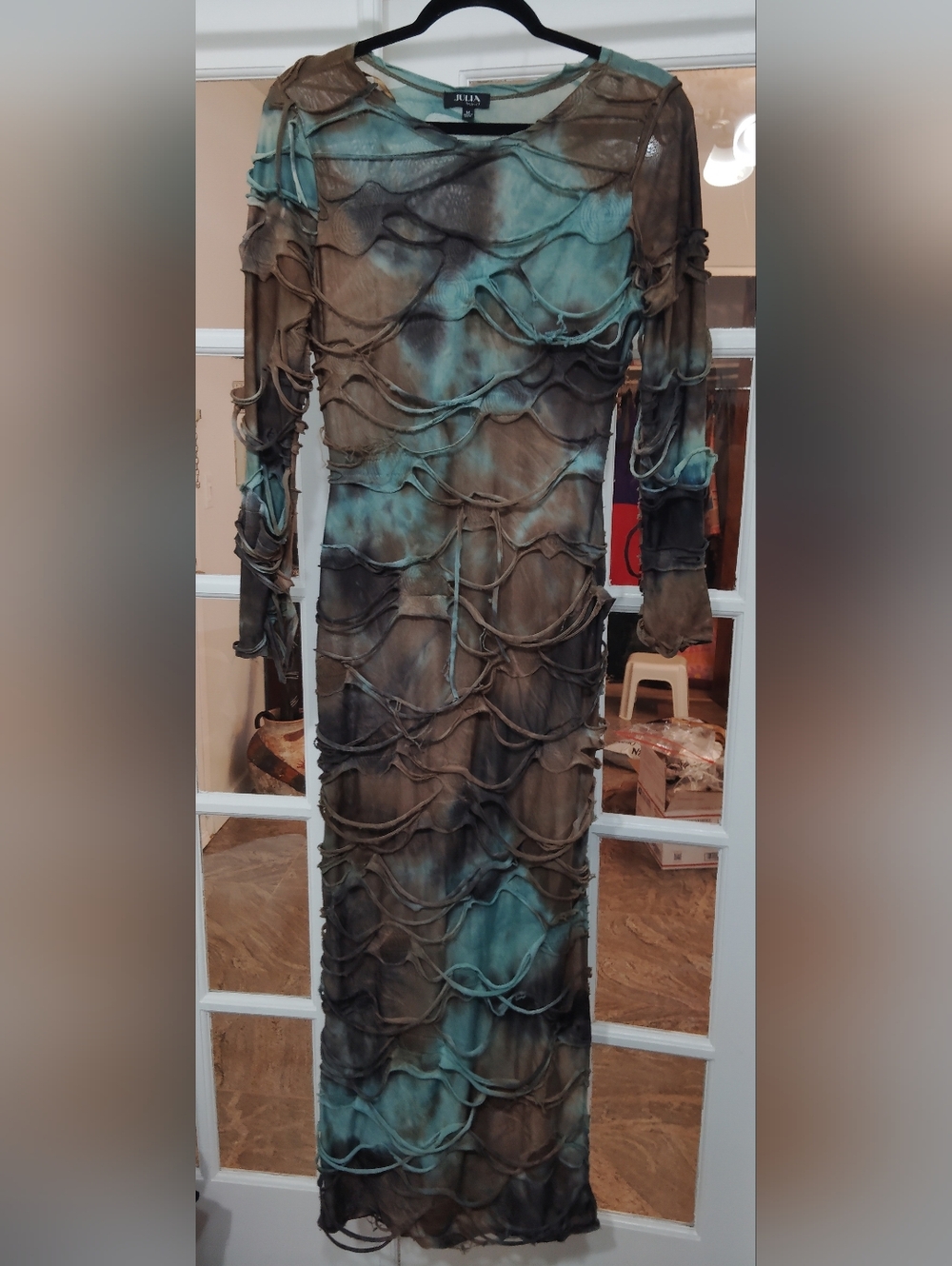 Long Sleeve Tie-Dye Bodycon Maxi Dress - Blue & Brown 🔥 🔥 🔥 Size M - Picture 4 of 7